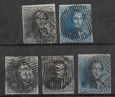 België 1849/1849 - 5 x Epauletten leopold I - 3 x OBP 1 en 2 x OBP 2