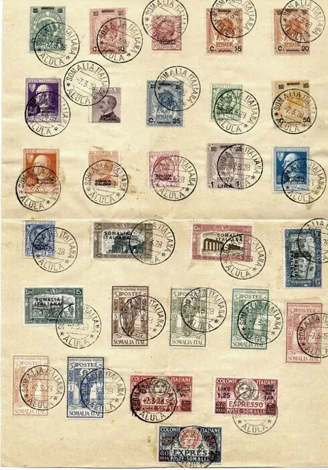 Italiaans Somalië 1928 - 29 cancelled stamps on sheet on 7 March 1928. Rare lot with clear and legible cancellations.